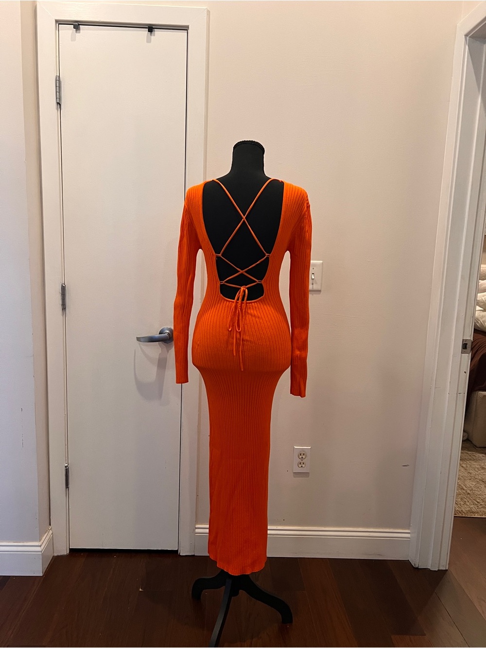 Zara Open-Back Ribbed Long Sleeve Maxi Dress in Orange
